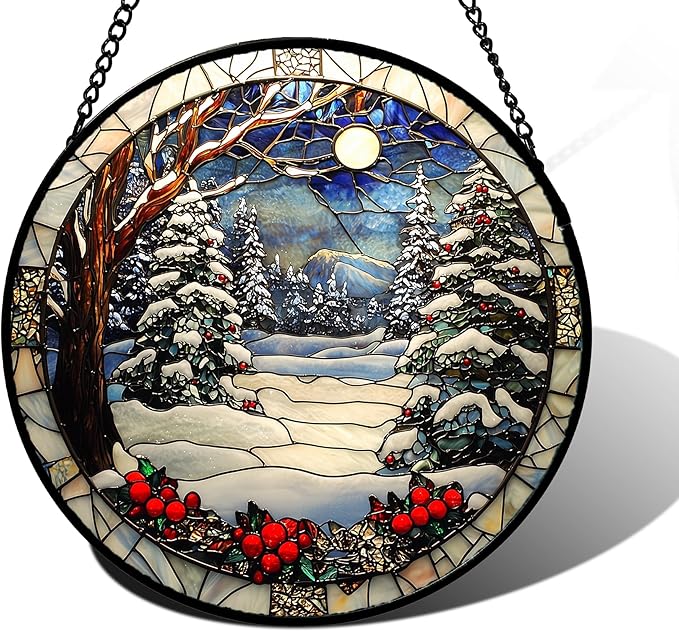 DASTOLL Stained Glass Window Hanging Christmas Tree Winter Snow Night Scenery 7.8" - Suncatcher Door Garden Kitchen Sun Catcher Home Decor Birthday for Mom Men Woman Friend