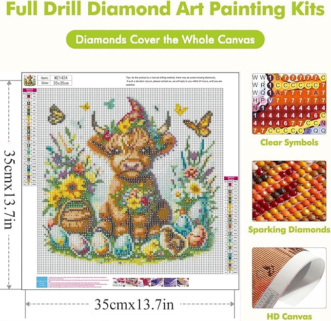 Axquilon Easter Diamond Art Kits for Adults - Highland Cow Diamond Painting Kits for Adults Beginner, DIY 5D Full Drill Gem Art for Home Wall Decor 14x14 inch