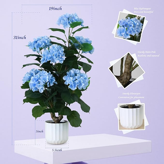31inch Artificial Purple Hydrangea Flowers Potted Plant for Indoor & Outdoor Office Home Porch Decor, Realistic Tree with Long-Lasting Color (1, Blue)