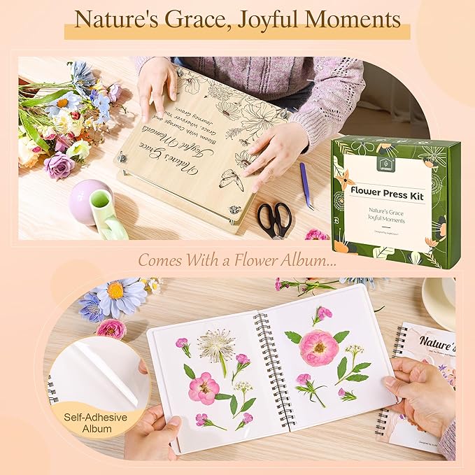 Joy&Grace Large Flower Press Kit for Adults & Kids with Designed Cover and DIY Album,10 Layers Plant Press and Plant Drying Toolkit, Flower Preservation Kit, 10.9" x 10.9" (Color Box, Natural Wood)