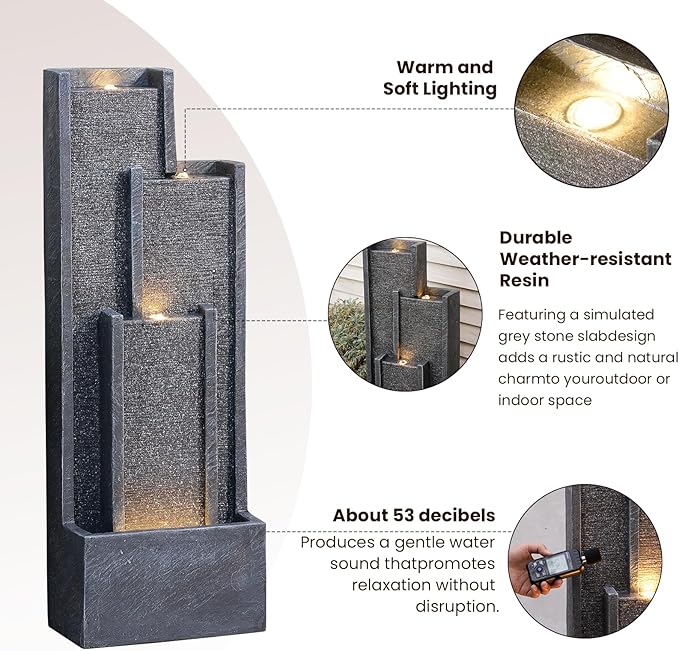39" Modern Outdoor Water Fountain with LED Lights – Grey Tiered Geometric Indoor Waterfall Fountain for Garden, Lawn, Porch or Backyard Décor, Floor Standing Resin Patio Water Feature Outside