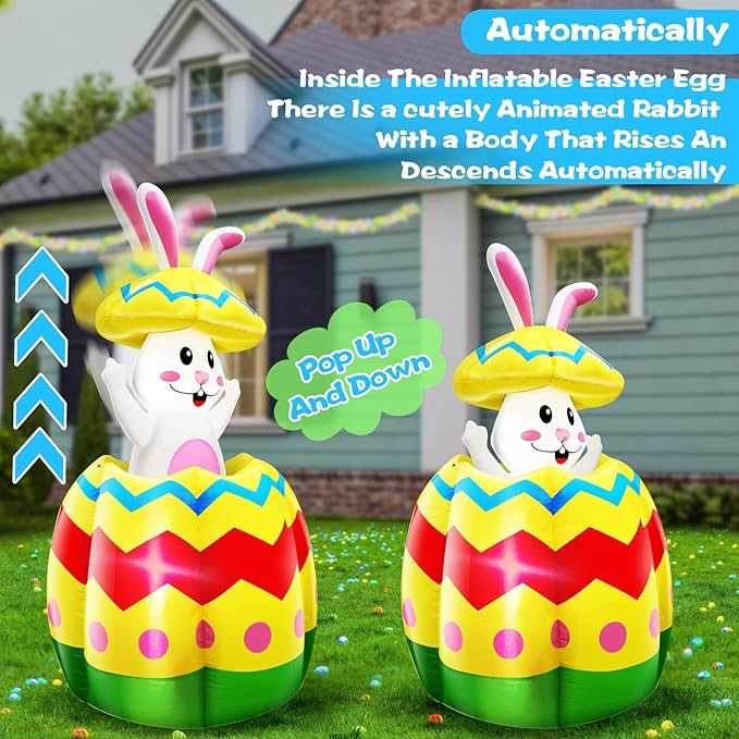 [Pop Up and Down] 5.7 Ft Easter Inflatable Bunny Broke Out of Colorful Easter Eggs, Blow Up Rabbit Decorations Outdoor with Built-in LED Easter Party Decor Yard Garden Lawn Indoor Outdoor Home
