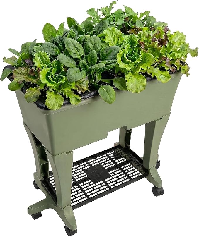 EarthBox Raised Garden Bed with Legs – Elevated Self Watering Planter Box with Wheels, Storage Shelf, Premium Plant Food, Easy Assembly, Made in USA, Sage