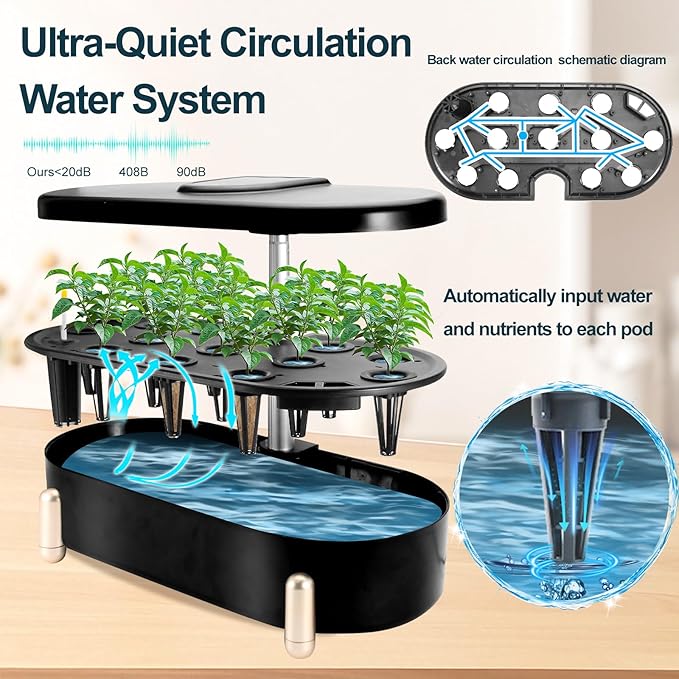 Indoor Garden Hydroponics Growing System12 Pods Plant Germination Kit Aeroponic Herb Vegetable Growth Lamp Countertop with LED Grow Light Hydrophonic Planter Grower Automatic Water Circulation (Black)