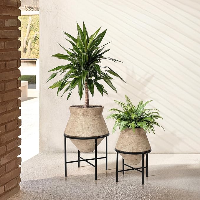LuxenHome Planters for Indoor Plants, Set of 2 Indoor Plant Pots, Novelty Decorative Planters with Black Metal Stands, Distressed Cachepot Cauldron Large Floor Flower Pot for Home Office, 11 & 16 Inch
