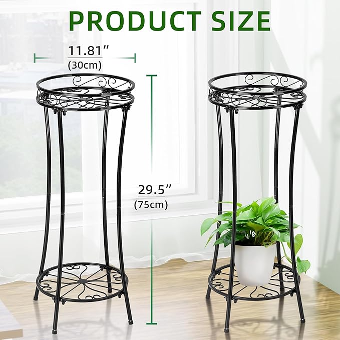 Azysow Plant Stand Indoor Outdoor 2 Tier 29" Tall Metal Heavy Duty Rustproof Plant Shelf, Round Multi Tier Flower Pot Holder for Garden Patio Balcony, Black