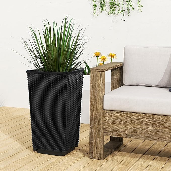 Giantex Set of 2 Outdoor Wicker Flower Pot, 23 Inch Tall Planters with Drainage Hole, Self-Watering Tray, Rattan Flower Pots, Indoor Outdoor Decoration for Front Porch Balcony Entryway (Black)