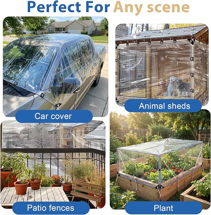 LC&QS 4x6ft Clear Tarp with Grommets, Upgraded Edge Heat Fused Tear Resistant Clear Heavy Duty Tarps, Clear Vinyl Tarps for Patio Fencing, Rain, Wind, Cold, Chicken Coops,and More（Windproof Rope）