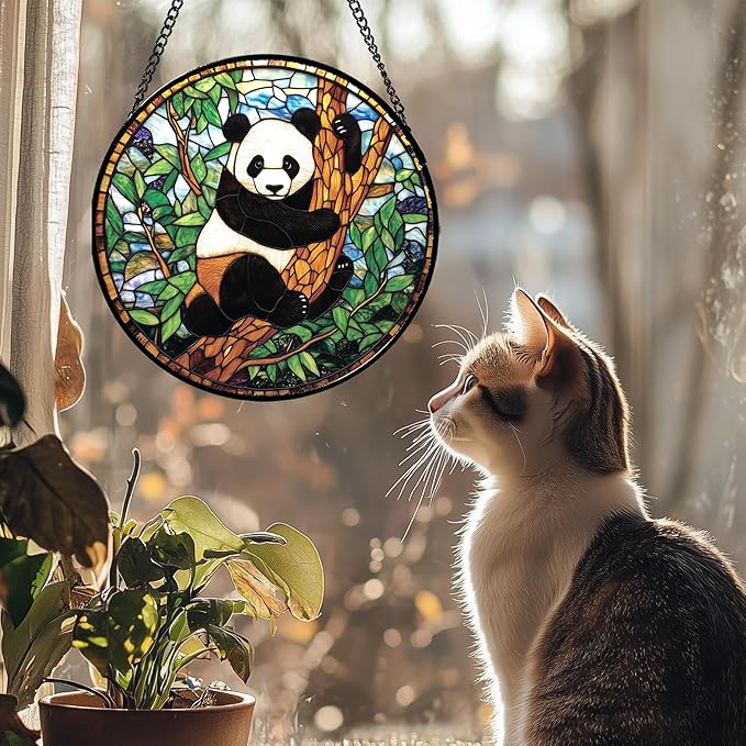 Stained Glass Window Hanging - Cute Panda Suncatcher for Doors Garden Patio Sun Catchers Decor Christmas Mother's Day Birthday Teenager Gifts for Women Men Mom Nana Friend 7.8 in
