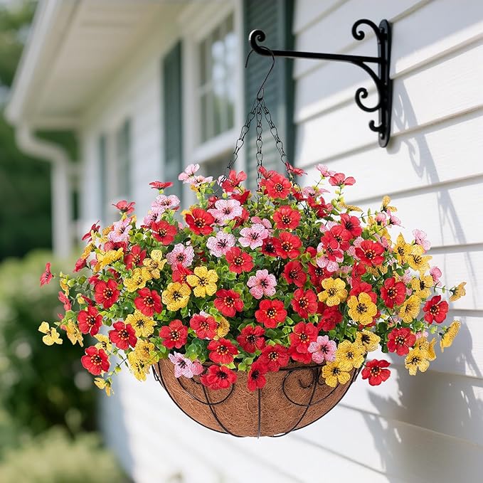 Artificial Flowers Hanging Basket for Outdoor Spring Summer Decor, Fake Silk Colorful Daisy Eucalyptus in 12" Metal Coconut Lining Pot Arrangement for Home Patio Yard Decor(Red Yellow Pink)
