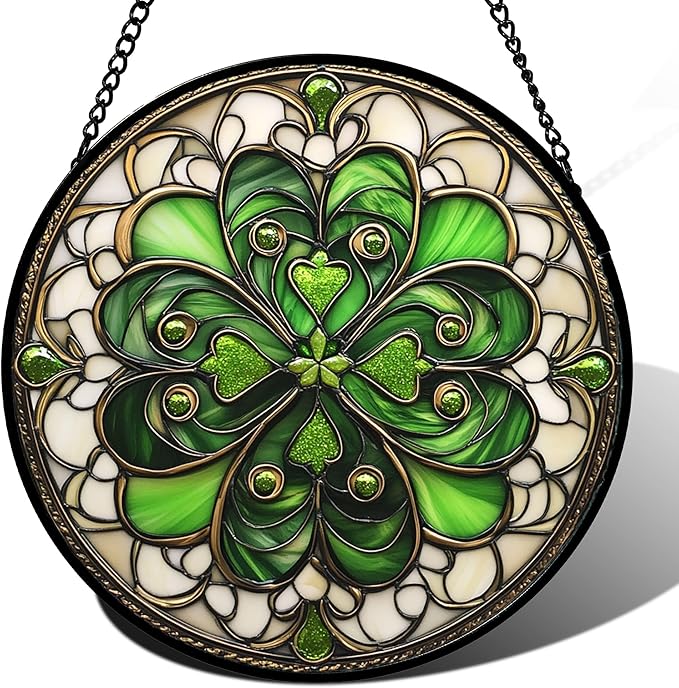 Stained Glass Window Hanging St. Ripak Festival Green Lucky Clover Large 15" - Suncatcher Door Garden Sun Catcher Ireland Decor Mother's Day for Mom Woman Her Men Sisters