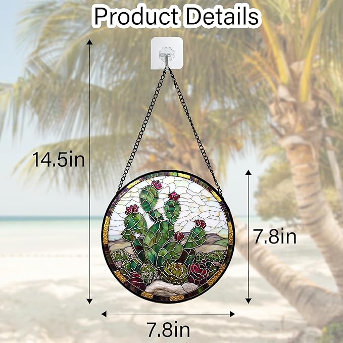 Stained Glass Window Hanging,Green Cactus Purple Flowers Suncatcher Diamond Glass Panel Sun Catchers Decor for Birthday for Women, Men, Wife, Aunt, and Mom 7.8 in