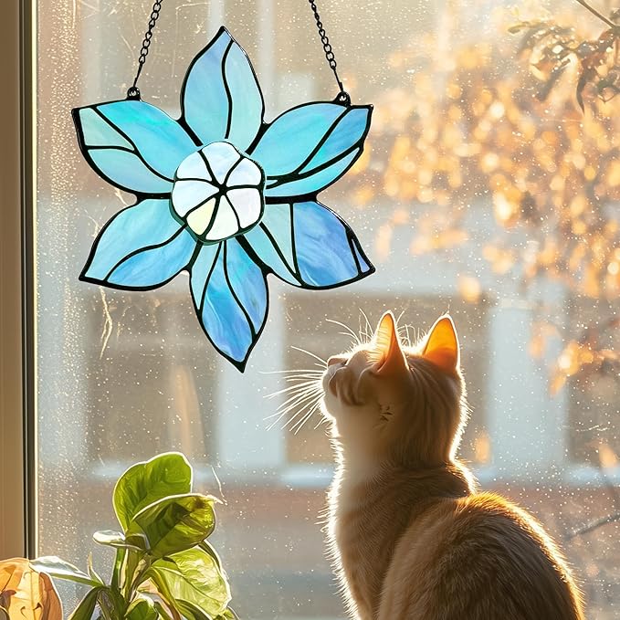 DASTOLL Stained Glass Window Hanging - Blue Christmas Flower Suncatcher for Doors Garden Kitchen Floral Sun Catchers Home Decor Birthday Holiday for Women Aunt Mom Nana Gardener
