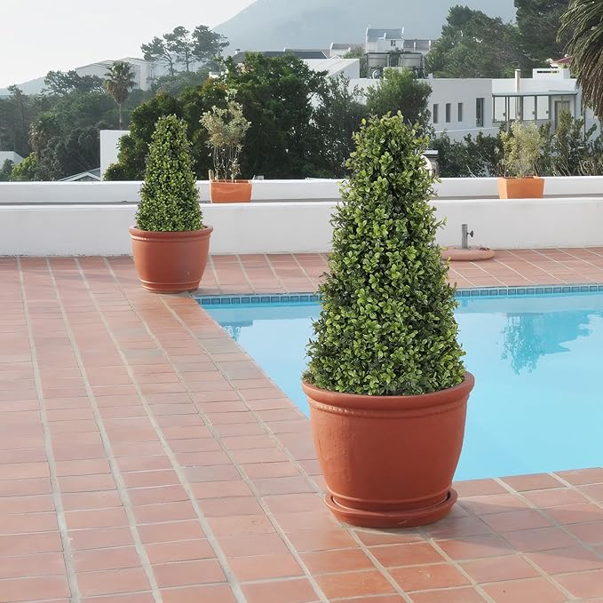 Azoco 3ft Artificial Boxwood Topiary Trees (Set of 2) - UV Resistant Faux Plants Outdoor, Realistic 36" Fake Cone Bushes and Shrubs for Front Porch, Planter, Patio - Low Maintenance & Evergreen