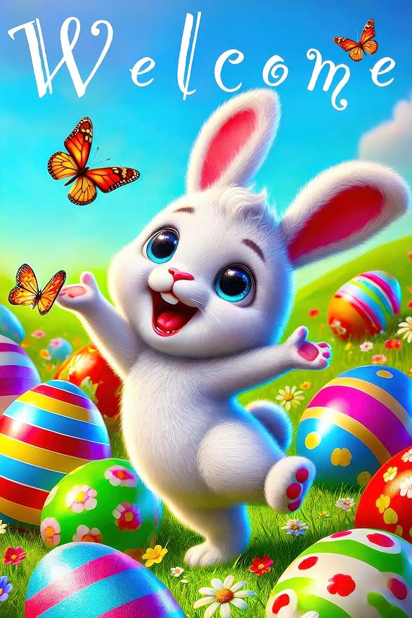 Happy Easter Garden Flag 12x18 Inch Double Sided Welcome Bunny Easter Egg Design Small Outdoor Yard Flag Cute Spring Easter Banner for Porch Lawn Patio Garden Decor