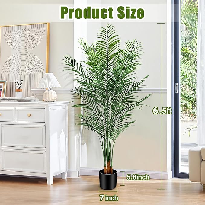 Artificial Palm Tree Outdoor 6.5ft, Large Fake Tropical Areca Palm Tree with 18 Trunks, Tall Faux Floor Plants for Indoor Outdoor-Living Rooms, Offices, Bedroom Home Decor