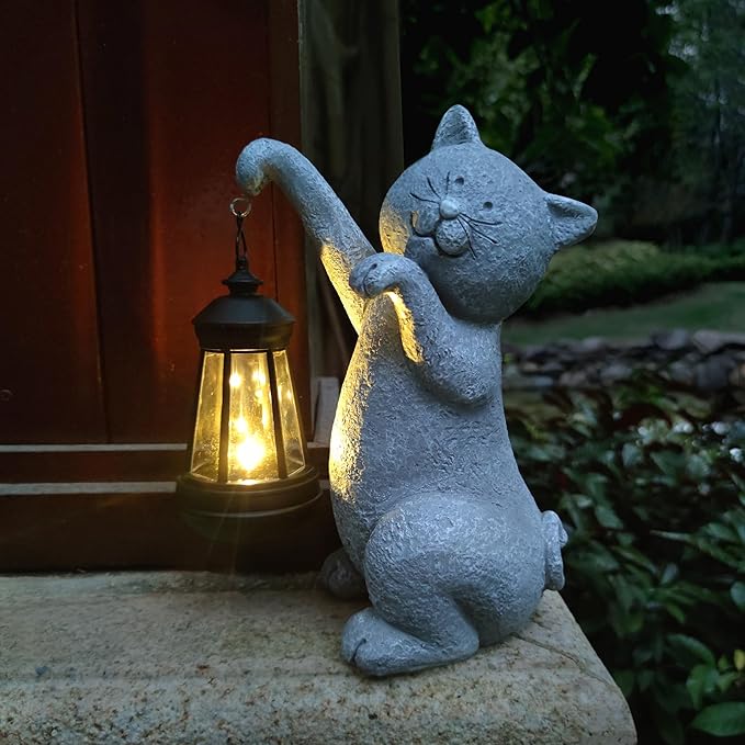 Qobumy Cat Solar Garden Statues,Resin Cat Figurine Decorations with Solar Lights Lantern, Outdoor Figurines Lawn Cats Statue Decor Art for Lawn,Yard, Balcony Ornament,Gift for Garden Home Mom.