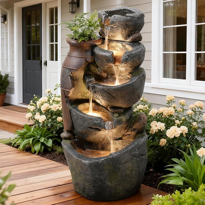 31.7" H Rock Jar Water Fountain Outdoor, 5-Tiers Cascading Outside Fountains and Waterfalls with 4 LED Lights for Patio, Deck, Porch, Backyard and Home Art Docor