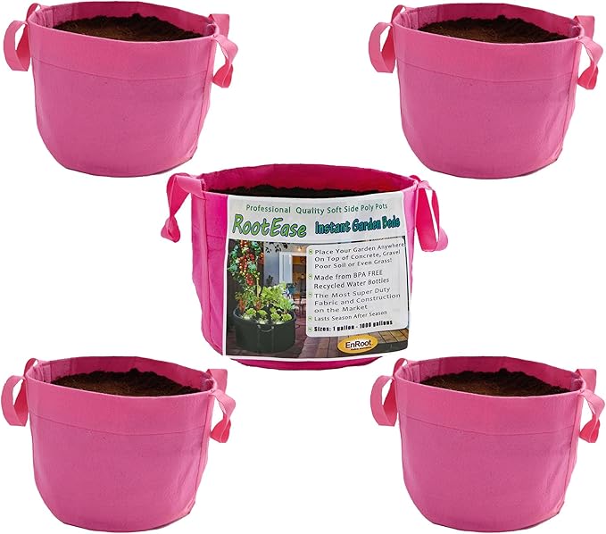 EnRoot Products LLC RootEase 5-Pack Garden Planting Fabric Pot, Heavy Duty Durable Grow Bags/Planter, Raised Bed Gardening, Best Eco-Friendly Grow Bags with Sturdy Handles (3 Gallon, Pink)