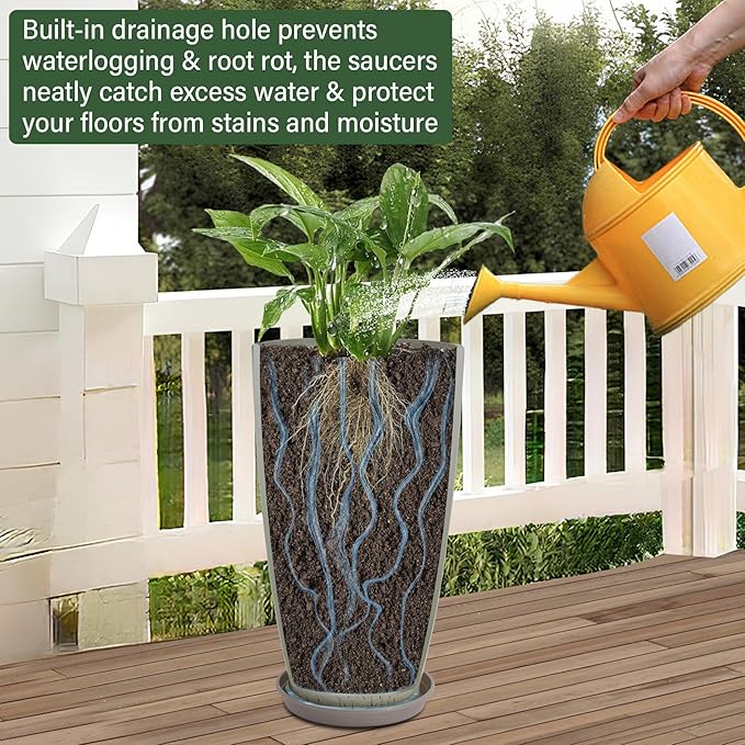 Neoaider 24/21/12 Inch Large Plastic Planter, Lightweight Ceramic-Look Tall Planters with Drain Hole & Saucers, Tall Plastic Planters for Porch, Garden, Patio, Balcony(Glaze Beige)