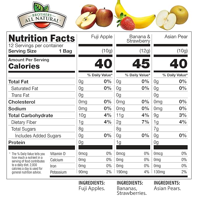 Brothers All Natural Freeze Dried Fruit Crisps, Variety Pack, 24 Single Serve Bags, Fuji Apple, Asian Pear, Banana Strawberry, Made with 100% Fruit, Gluten Free, Soy Free, Vegan, Healthy Snack