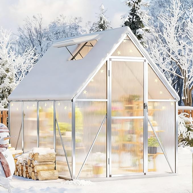 6x7 FT Greenhouse, Heavy Duty Aluminum Polycarbonate Greenhouses for Outdoors with Roof Vent, Easy Assembly, Lockable Door, Large Walk-in Greenhouse for Patio, Backyard, Garden, Silver