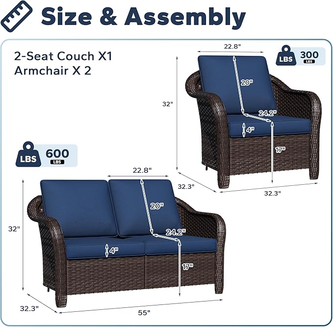 5 PCS Outdoor Conversation Set | 55" Couch, 4 Chairs, Patio Wicker Conversation Furniture with Removable Cushions for Bistro, Deck, Sunroom (Navy Blue)