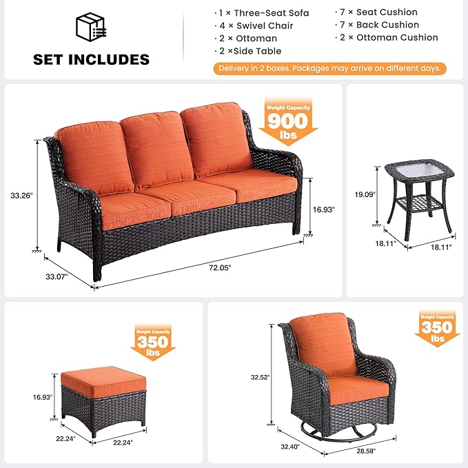 ovios 9 Pieces Patio Furniture Set, Outdoor Wicker Sofa Couch with Swivel Chairs Ottomans Comfy Cushions, High Back Modern All Weather Conversation Sets, Brown Rattan, Orange Red
