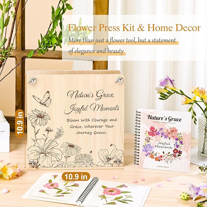 Joy&Grace Large Flower Press Kit for Adults & Kids with Designed Cover and DIY Album,10 Layers Plant Press and Plant Drying Toolkit, Flower Preservation Kit, 10.9" x 10.9" (Color Box, Natural Wood)