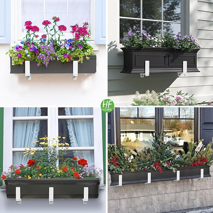 HFHOME 2 PCS Adjustable Planter Box Brackets (6 to 12.5 in), Universal Window Box Brackets, Heavy Duty Metal Flower Box Wall Mounting Hooks for Balcony, Fences, Patio, and Garden - White