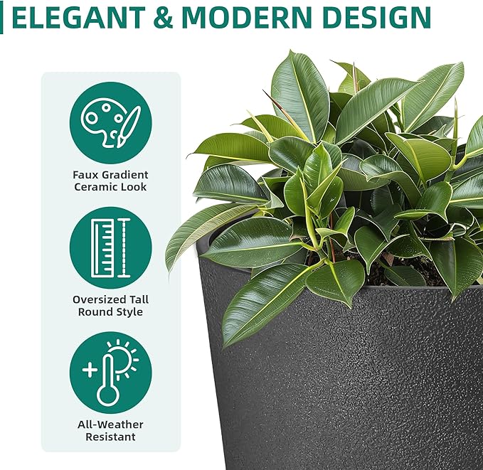 Autodaya 24" Tall Planters Set of 2, High-Density Resin Charcoal Outdoor Pots for Plants, Versatile Indoor/Outdoor Flower Pots w/Drainage Hole for Patio, Garden, Porch & Living Room Decor, Ideal Gift