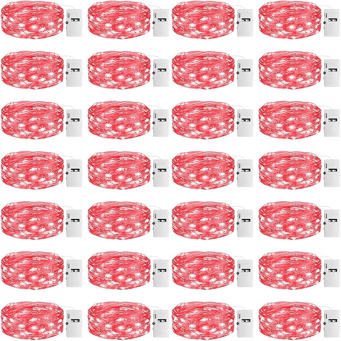 24 Pack Fairy Lights with Timer Battery Operated, 3 Modes 7ft Mini Twinkle Lights Waterproof, 20 LED Bulk String Light for Mason Jars Christmas Decoration Wedding Table Centerpieces,Red
