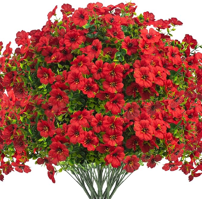 Grunyia Artificial Fake Flowers for Outdoor Spring Decoration, 16 Bundles Faux Silk Colorful Daisy UV Resistant Realistic for Outside Porch Patio Home Yard Garden Planters Pots Window Box (Red)