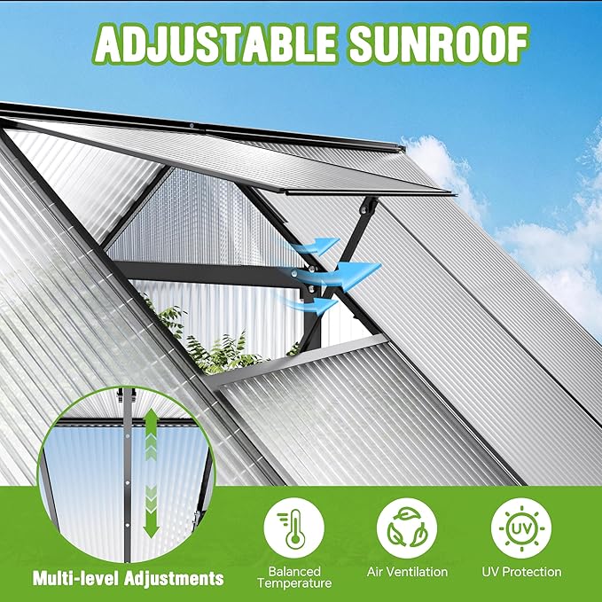8x16FT Polycarbonate Green House with Roof Vent, Large Aluminum Frame Quick Setup Greenhouse, Walk in Green Houses Heavy Duty for Winter Outside Backyard Garden Patio (8x16FT)