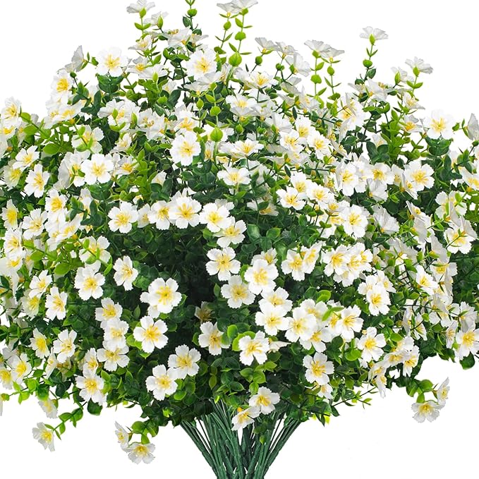 Grunyia Outdoor Artificial Flowers UV Resistant & Fade Proof, 12 Pack Realistic Fake Flowers for Garden, Patio, Lawn Decor - Weatherproof Plastic Plants (White)