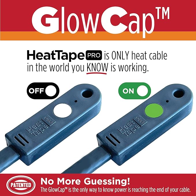 RADIANT SOLUTIONS HeatTapePro - Intelligent Commercial Grade Self-Regulating Heat Cable with GlowCap™ - 10 YR warranty - Ice Dam & Pipe Freeze Protection - 62 ft cable + 10 Ft Cord, 120V, 6 watts/Ft