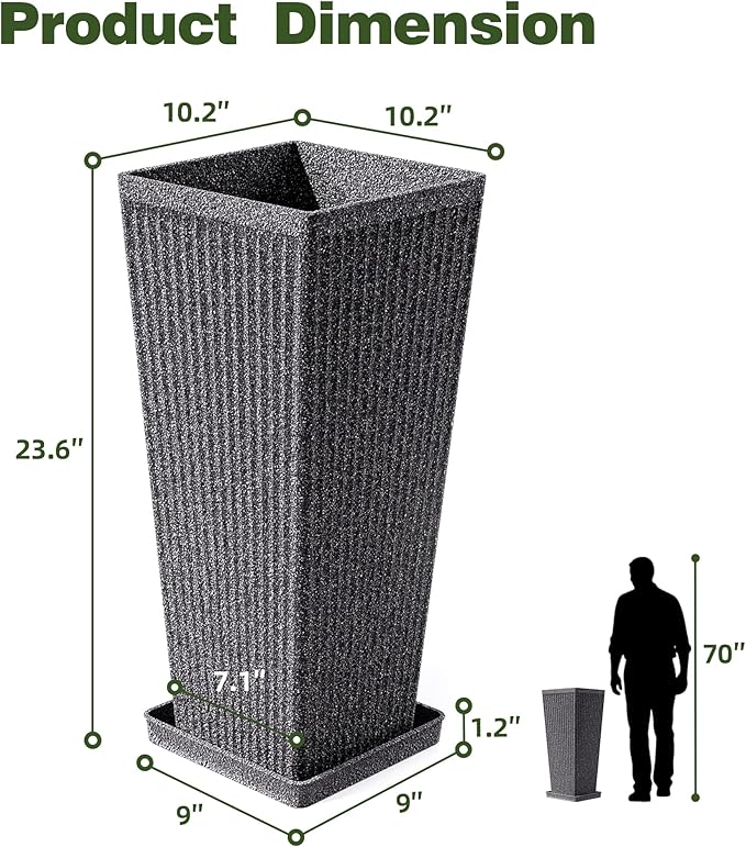 Trygoal Square Tall Planters for Outdoor Plants Set of 2-23.6" Heavy-Duty Classic Tapered Indoor Flower Pots with Drainage Holes/Partition/Tray, Large Outdoor Planters for Porch Patio Garden, Grey