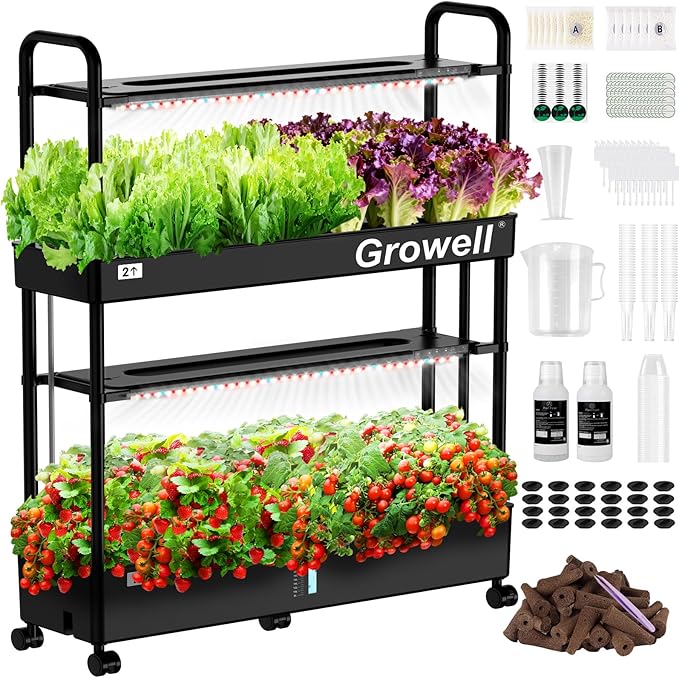Large Hydroponics Growing System Kit, 60 Pods Vertical Indoor Herb Garden Kit with 2 Light Modes & Auto Circulating Water System, 32L Movable Indoor Gardening System for Herb Vegetable Fruit