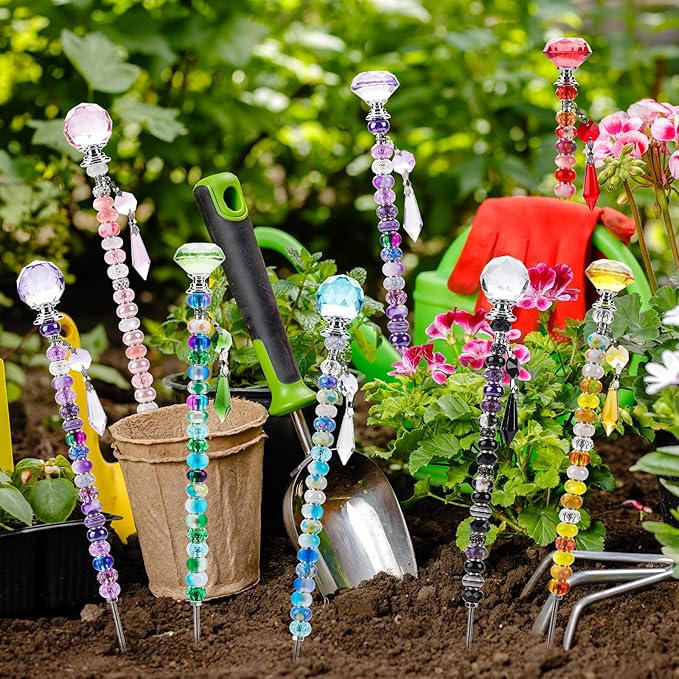 192Pcs DIY Fairy Wand Beaded Garden Stakes Kit, Fairy Garden Stakes Beads and Rods with Sparkling Crystal Pendants, Suitable for Garden Decorative Outdoor Beadable Items(10IN)