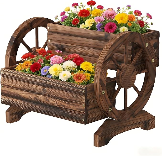Wooden Wagon Planter Wooden Flower Cart with Wheels Outdoor Garden Planter, Decor Planter for Patio Balcony Decoration Succulent Flower Pot Flower Cart for Indoor Backyard Balcon (Carbonized)