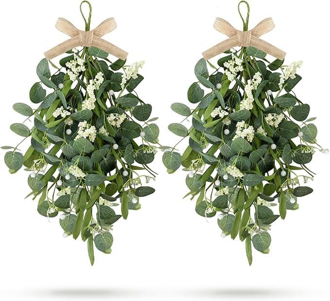 2 PCS 24'' Eucalyptus Wreaths for Front Door Artificial Greenery Teardrop Swags Spring Summer Green Swag Farmhouse Hanging Swags with Berry Ribbon for Wedding Home Outdoor Wall Cabinet Party Decor