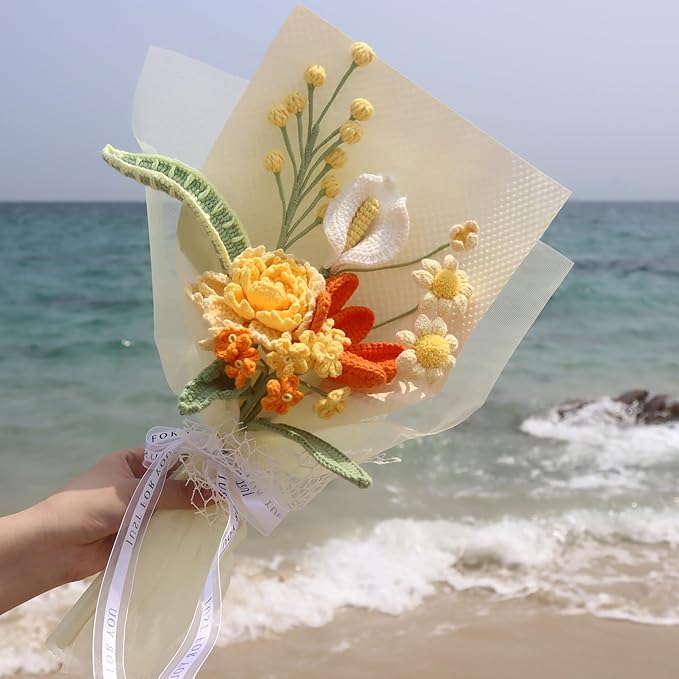 YOOJEE Crochet Flower Bouquet Golden Peonies Tulip - Retirement, Birthday, Christmas Gift - Eco-Friendly Hypoallergenic Florals Handmade by Artisan Moms
