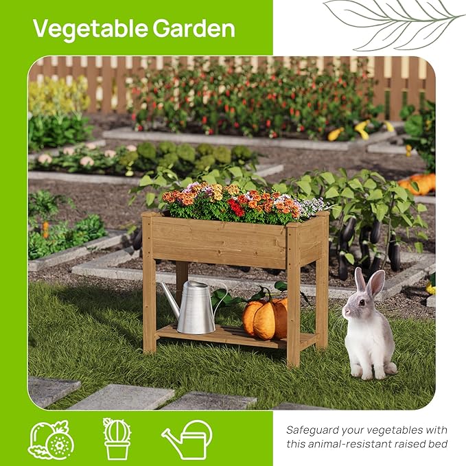 Raised Garden Bed, Planter Box with Storage Shelf, Elevated Wooden Planter Box with Legs, Garden Planter for Backyard, Patio, Balcony, Natural Wood (Brown, S)