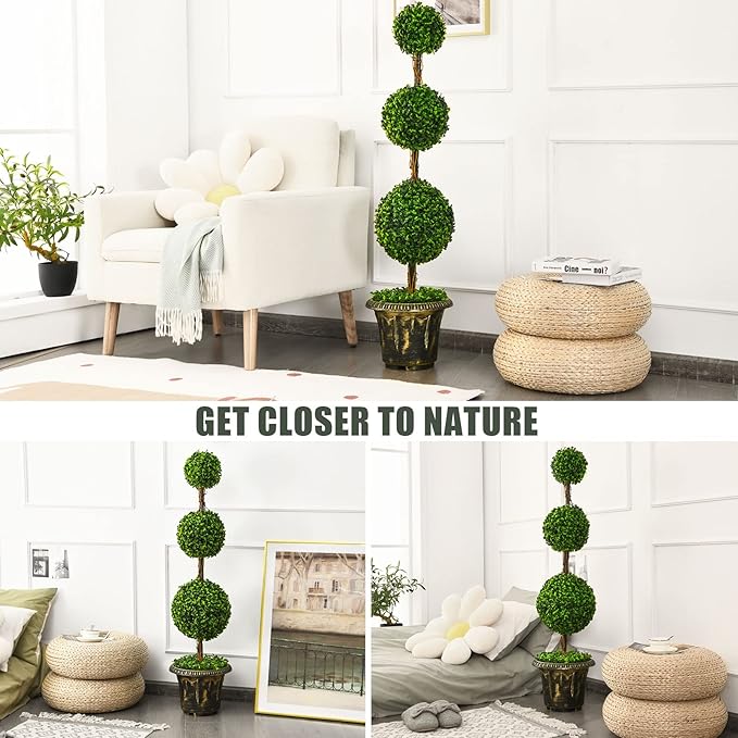 DREAMADE 4ft Topiary Trees Artificial Outdoor/Indoor, Faux Plants Shrub Bushes w/Cement-Filled Retro Pot, Fake Triple Ball Boxwood Topiary Set of 2 for Home, Office, Porch, Front Door, Entrance