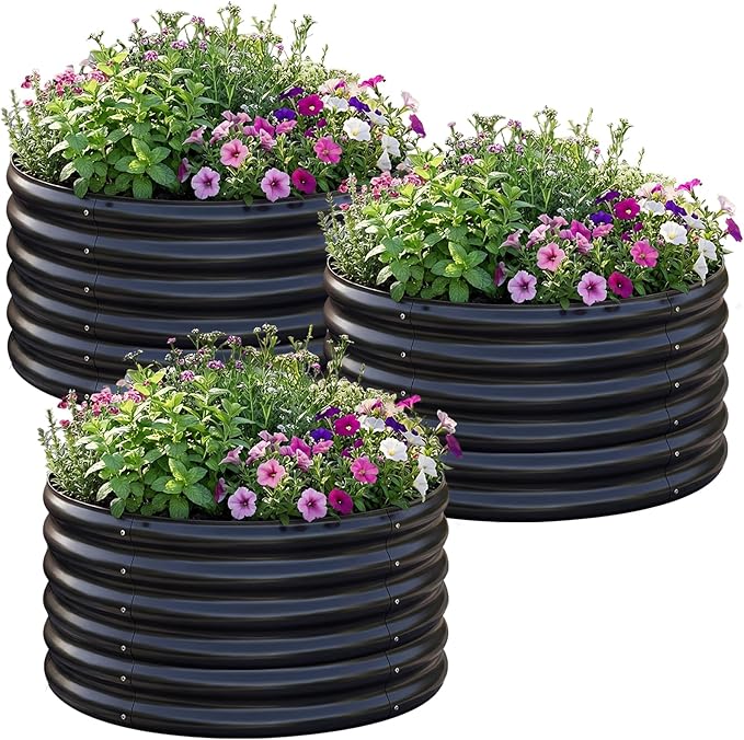 AHEONLAR 3PCS 2x2x2FT Galvanized Raised Garden Bed Kit Round Metal Flower Box Large Planter Raised Beds Outdoor Garden for Planting,Fruit,Herb Black