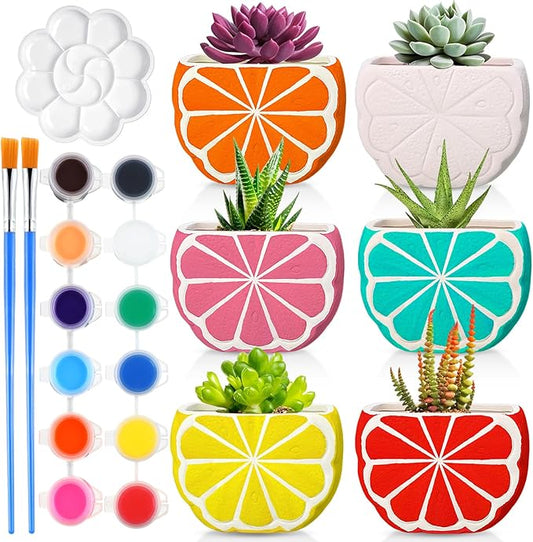 Pasimy 6 Set Ceramics to Paint DIY Ceramic Succulent Planter Pots Paint Your Own Flower Pots Craft Kit Unpainted Bisque Flowerpot with Brush Palette for Family Activity Holiday Gifts(Orange)