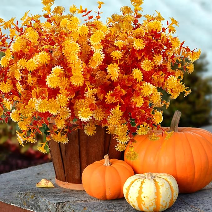 Grunyia 12 Bundles Artificial Fall Flowers for Outdoors Fake Plants - Faux Outside Greenery Boxwood No Fade Plastic Shrubs Decor Farmhouse Home Garden Thanksgiving (Fall Yellow)