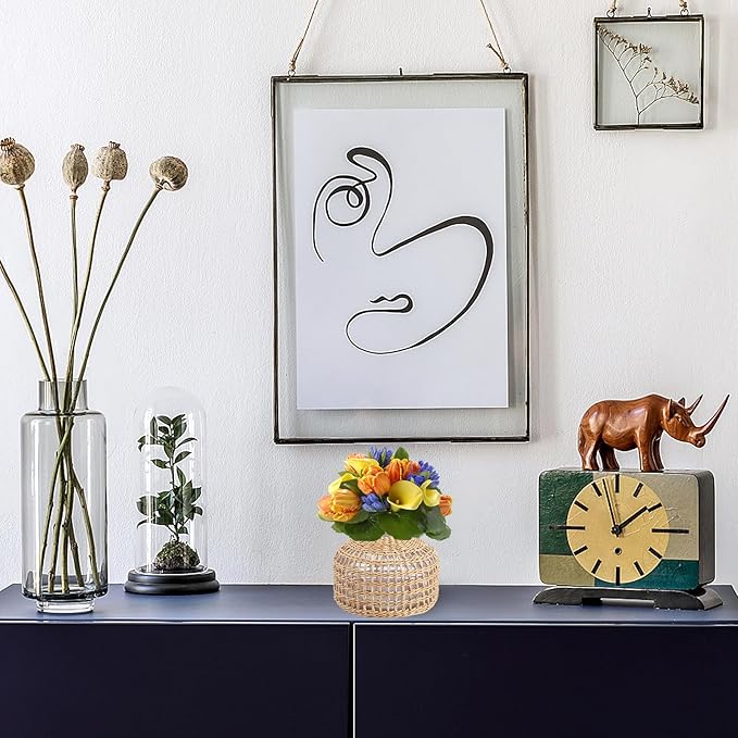 DOITOOL Glass Vase with Rattan Cover, Farmhouse Rattan Vase, Wicker Vase Flower Bud Vase, Decorative Flower Vase Floral Container for Floral Arrangements Housewarming Party Home Decor (L+XS)