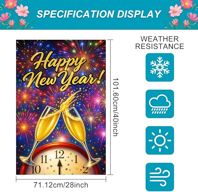 Happy New Year House Flag 28x40 Inch Champagne Glasses Fireworks and Clock Design Garden Flag Colorful Outdoor Yard Decoration Holiday Celebration Banner for Home Porch Lawn
