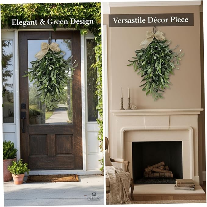 Olive Wreath 24 Inch Artificial Olive Wreaths for Front Door Hanging Teardrop Swag Greenery with Burlap Bow for Front Door Wall Wedding Arch